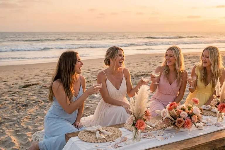A small bridal shower on the beach with a shaded low table, white rugs, rope-wrapped jars of greenery and guests in sundresses near the water.