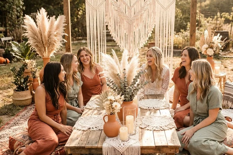 A long low table with a cream gauze runner, terracotta napkins, dried pampas grass and floor cushions set up for a boho bridal shower in soft afternoon light.
