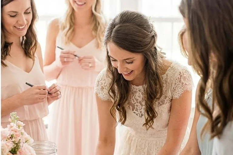 Bridal shower guests writing advice cards at a table beside a date-night jar and a small flower arrangement station.