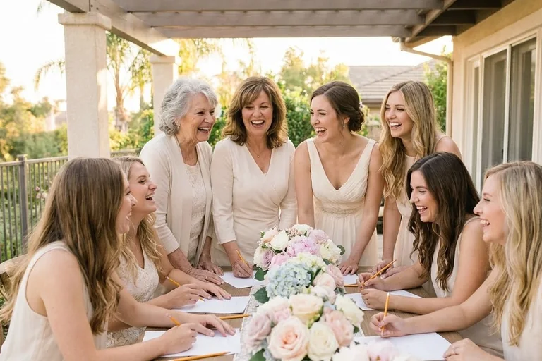 A grandmother and a young woman laughing together over a large-print bridal shower bingo card at a decorated table.