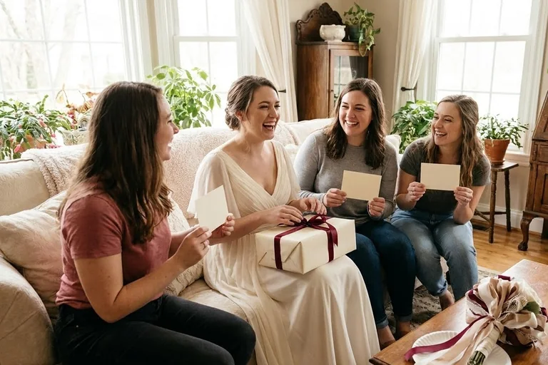 A bride opening a wrapped present at a shower while a friend beside her writes in a gift log and guests mark Bingo cards on their laps.