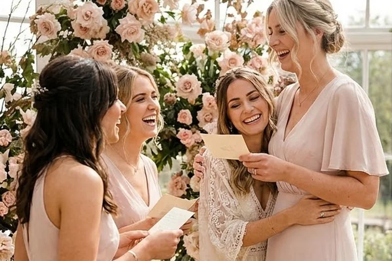 Bridal shower guests chatting in small groups around a welcome table with handwritten name tags and mingling cards.
