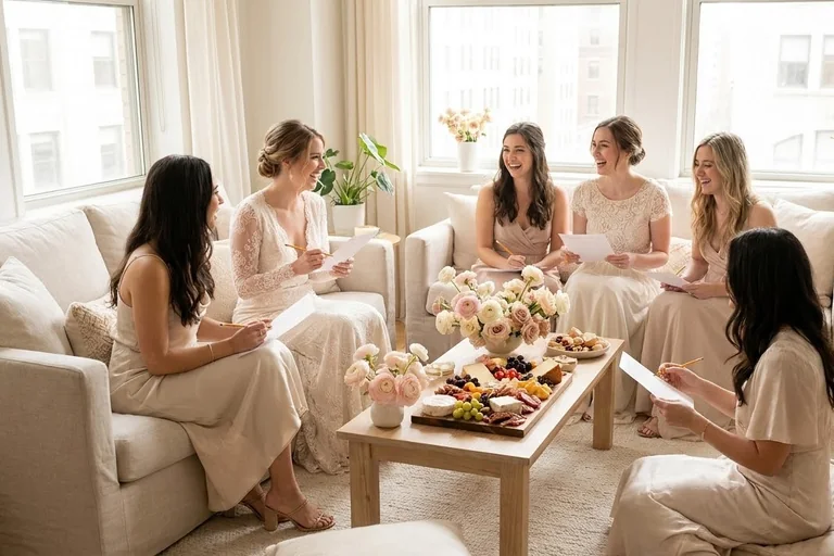 A living room set up for a bridal shower with chairs in a U-shape facing a decorated armchair, a flower garland behind it and gifts stacked nearby.