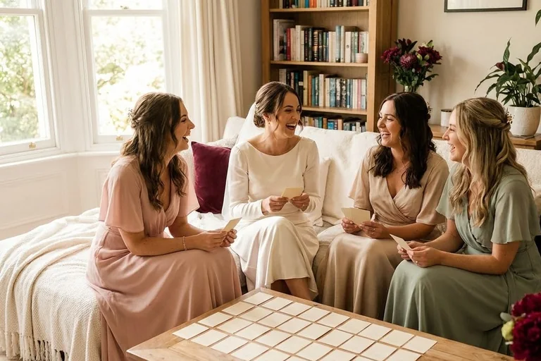 A homemade game board on a tri-fold poster with colorful point-value sticky notes, propped on an easel beside a bridal shower gift table.