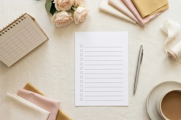 A printed bridal shower checklist on a clipboard beside a pen, a small bouquet and a stack of invitations on a light wooden table.