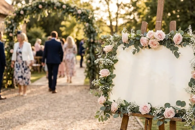 A large floral welcome sign on a wooden easel at the entrance of a bridal shower, with the bride's name in script and a balloon arch behind it.