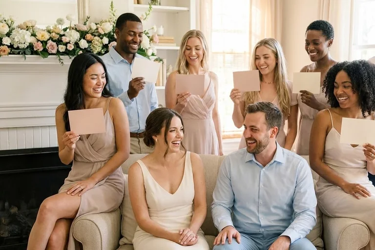 A bride and groom sitting back to back on chairs at a shower, each holding up a shoe while smiling guests watch and hold Bride or Groom paddles.