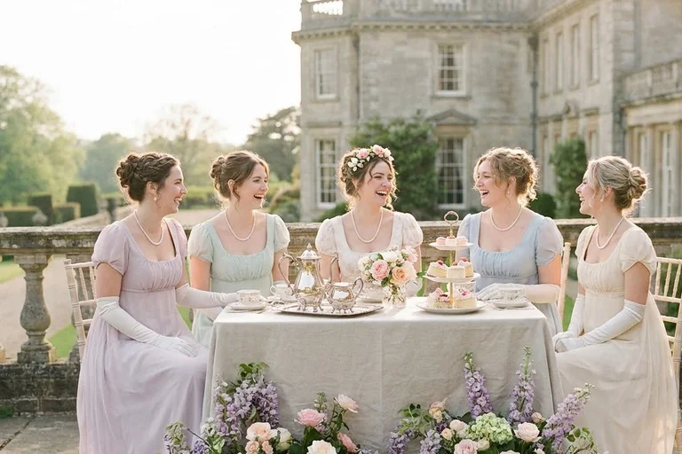 A tea table with mismatched floral china, tiered cake stands, candlelit brass candelabras and pale wisteria garlands for a Regency-style bridal shower.