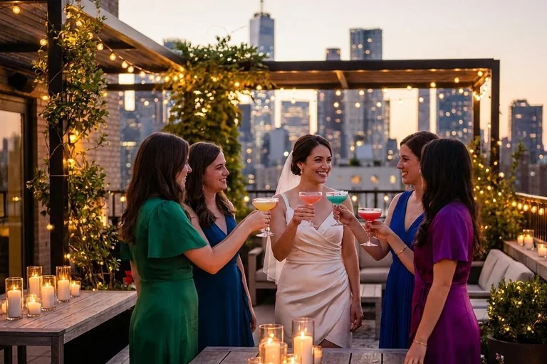 Guests mingling with sparkling drinks and small plates in a warmly lit living room during an evening bridal shower.