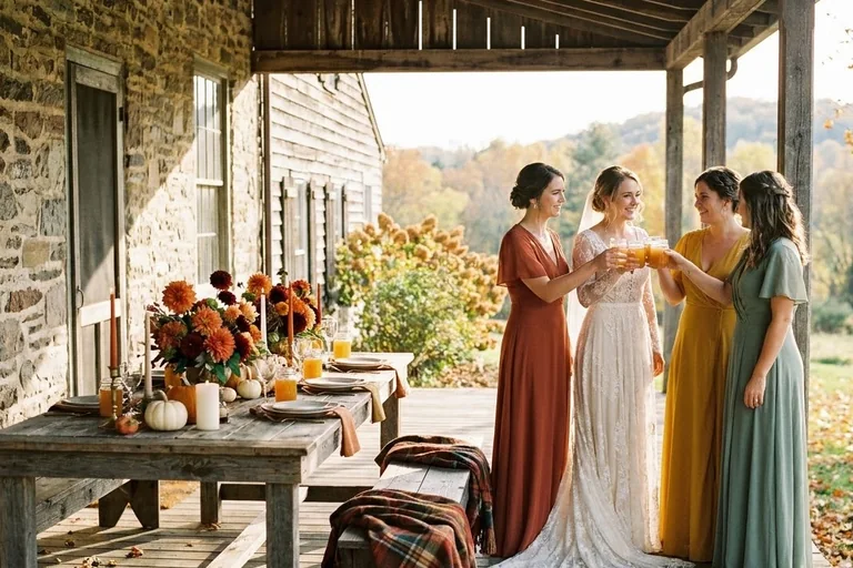 A long rustic table set for a fall bridal shower with white pumpkins, jars of burgundy mums, a plaid runner and a hot cider station in the background.