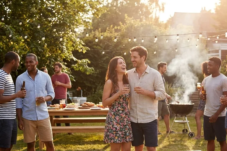 A couple opening gifts together at a relaxed backyard co-ed shower while friends from both sides gather around with plates and drinks.