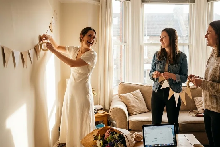 A host arranges store-bought fruit and sandwich platters beside a bakery cake on a kitchen island while checking a planning list on her phone.