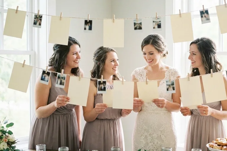 A string of milestone cards held by mini clothespins across a wall, with shower guests arranging them in order.