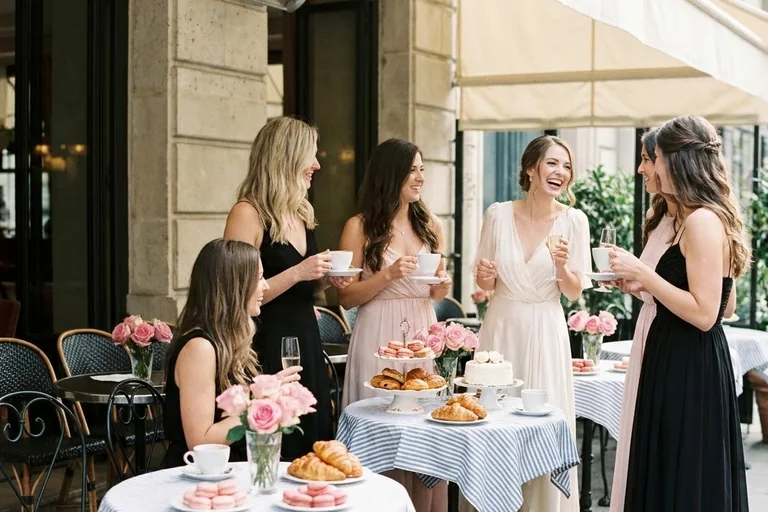 Small round café tables with striped linens, a tiered stand of pastel macarons and a basket of mini croissants set for a Paris themed bridal shower.