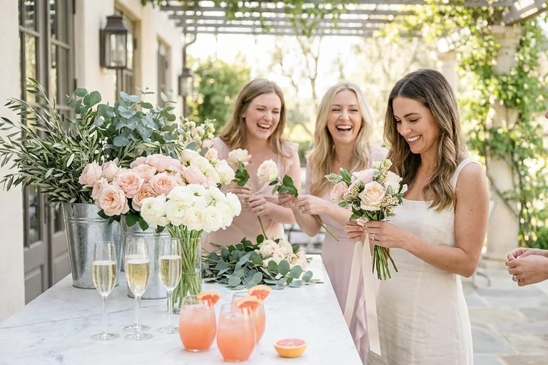 Guests building small bouquets at a flower bar of buckets filled with blush roses and eucalyptus, beside a sparkling drink station with prosecco and mocktails.