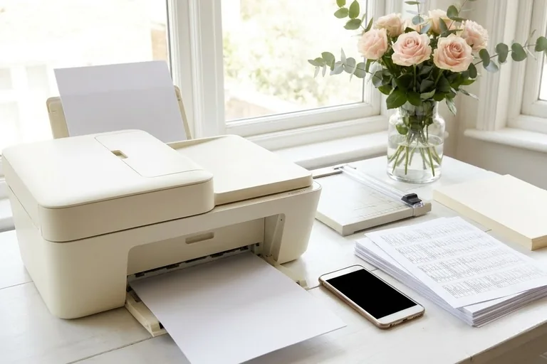 A home printer producing bridal shower Bingo cards on white US Letter cardstock beside a paper trimmer and a stack of cut cards.