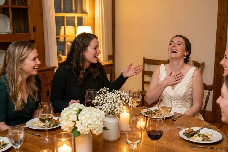 Six women laugh around a candlelit dinner table at home while the bride reads a handwritten advice card.