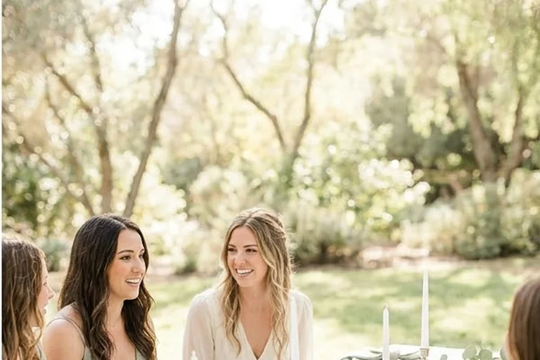 A white linen table with a loose eucalyptus runner, white taper candles and small potted rosemary plants at each place setting for a minimalist bridal shower.