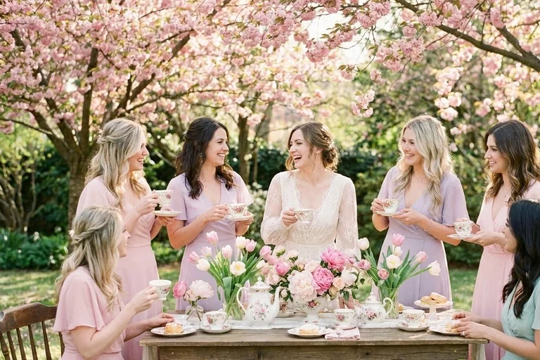 A spring garden bridal shower table with sage linen, terracotta pots of herbs, pink tulips and ranunculus in jars and a tiered stand of tea sandwiches.