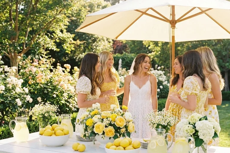 A shaded summer bridal shower table with bowls of lemons, white daisies, a lemonade dispenser with striped straws and guests seated under a canopy.