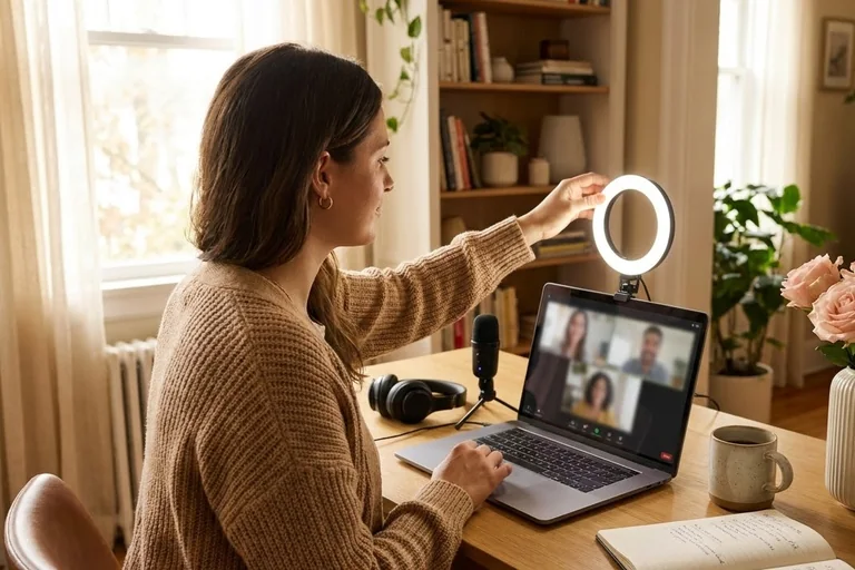 A host sits at a laptop with a headset and a ring light, sharing a colorful emoji puzzle with a grid of smiling guests on a video call.