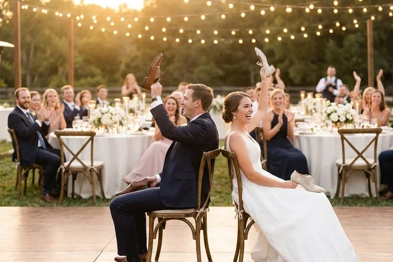 A bride and groom sitting back to back on chairs on a dance floor, each holding up a shoe while reception guests laugh around them.