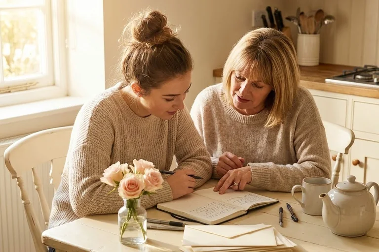 A host at a kitchen table checking names on a handwritten guest list next to a stack of floral bridal shower invitations and envelopes.