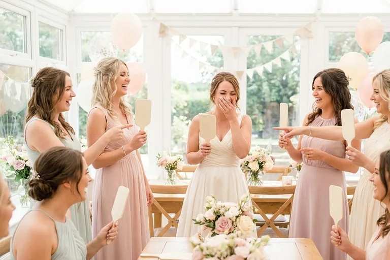 Shower guests laughing as they hold up two-sided paddles showing photos of the bride and groom.