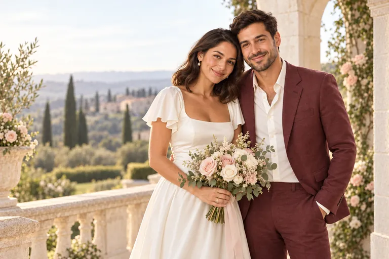 The bride and groom stand together on an estate terrace, she holding her bouquet, both smiling at the camera