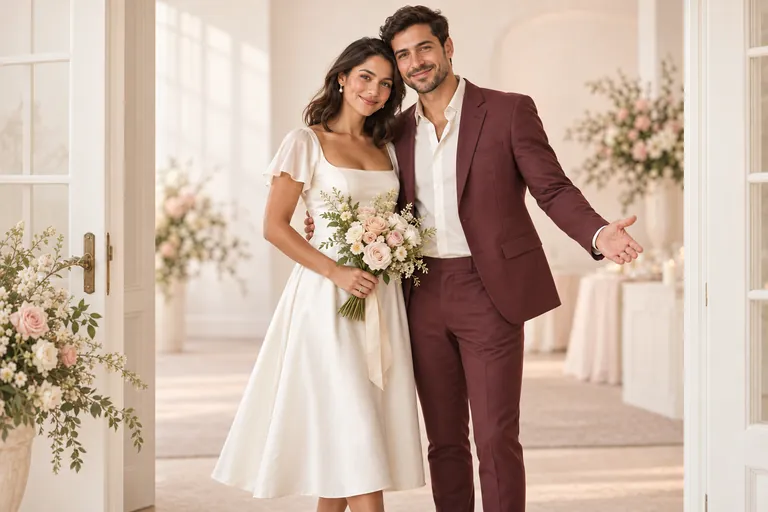 The bride and groom smile from the doorway of a cream shower venue, she holding a blush-and-ivory bouquet while he waves guests in