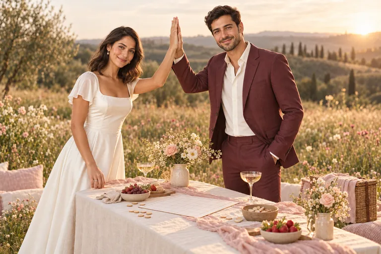 The bride and groom share a high-five beside a picnic table in a flower meadow at golden hour