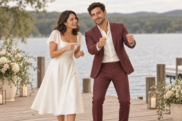 The groom mimes steering a car for a round of charades while the bride laughs and guesses on a lakeside deck