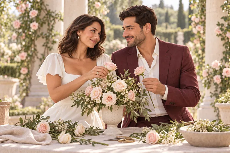The bride adds a rose to a blush-and-ivory arrangement while the groom holds a spare stem in a rose garden pavilion