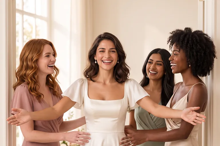 The bride laughs as three of her girlfriends welcome her with open arms at her bridal shower