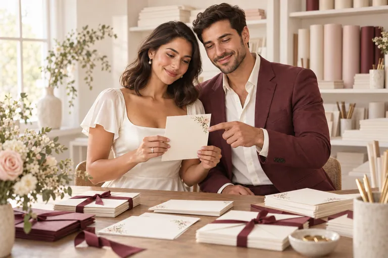 The bride holds up a blank card while the groom points to its floral corner, surrounded by ribbon-tied envelopes in a stationery studio