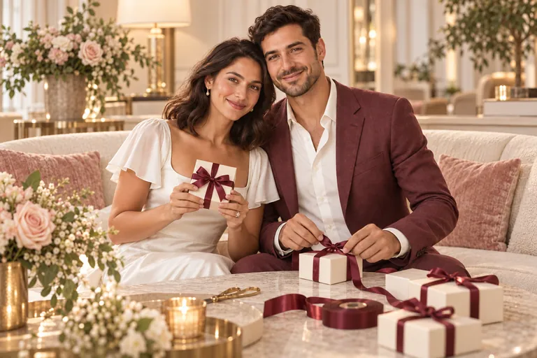 The bride and groom wrap small cream prize boxes with burgundy ribbon at a hotel lounge coffee table
