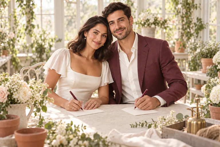 The bride and groom write wishes on blank cards at a potting table in a sunny greenhouse