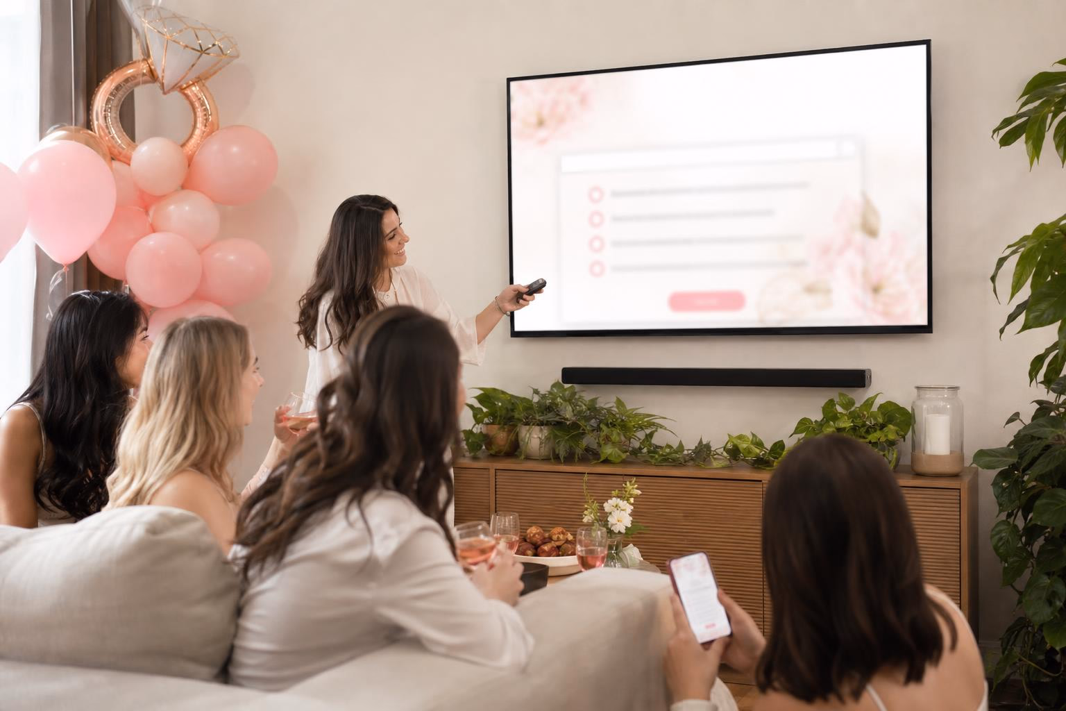 Guests following a party game on a shared screen